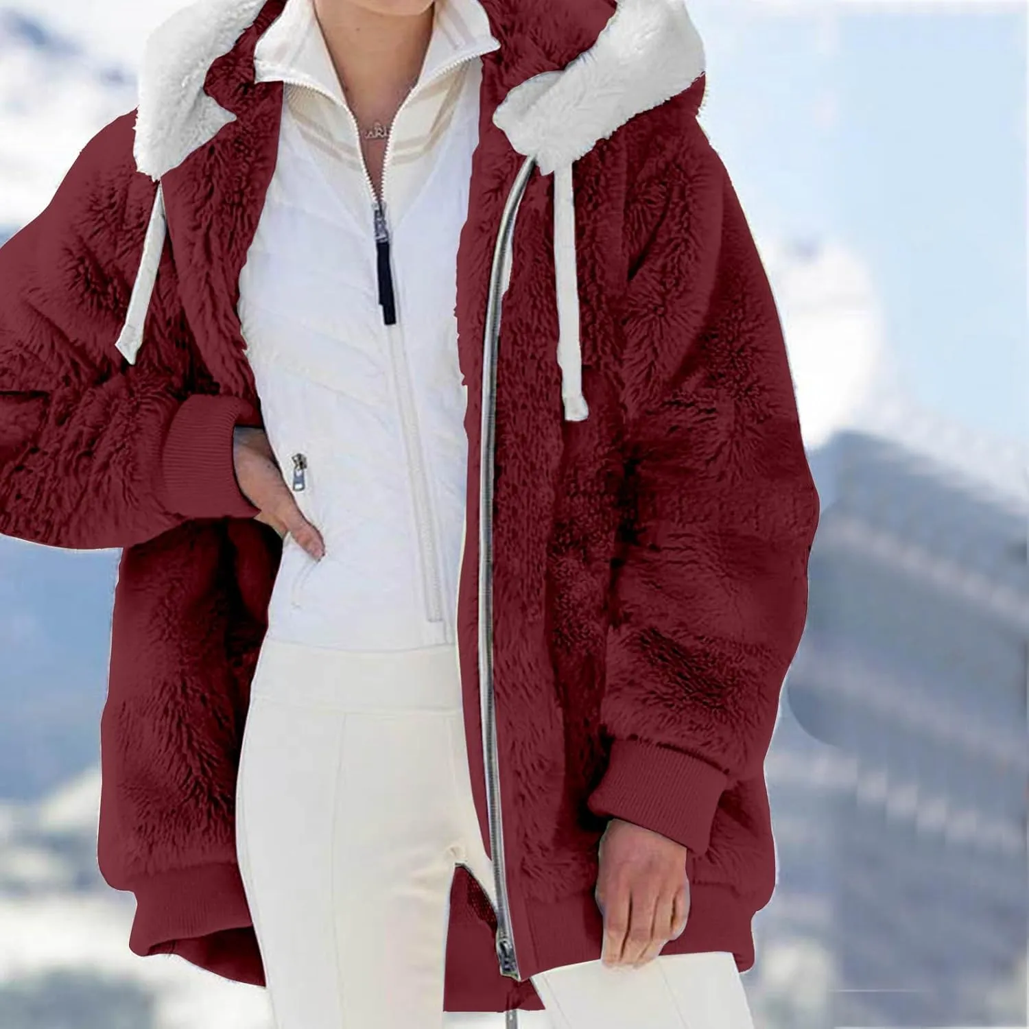 LCMTWX Womens Winter Coat Loose Solid Color Artificial Wool Zipper Drawstring Long-Sleeved Hoodie Sweater Hooded Color