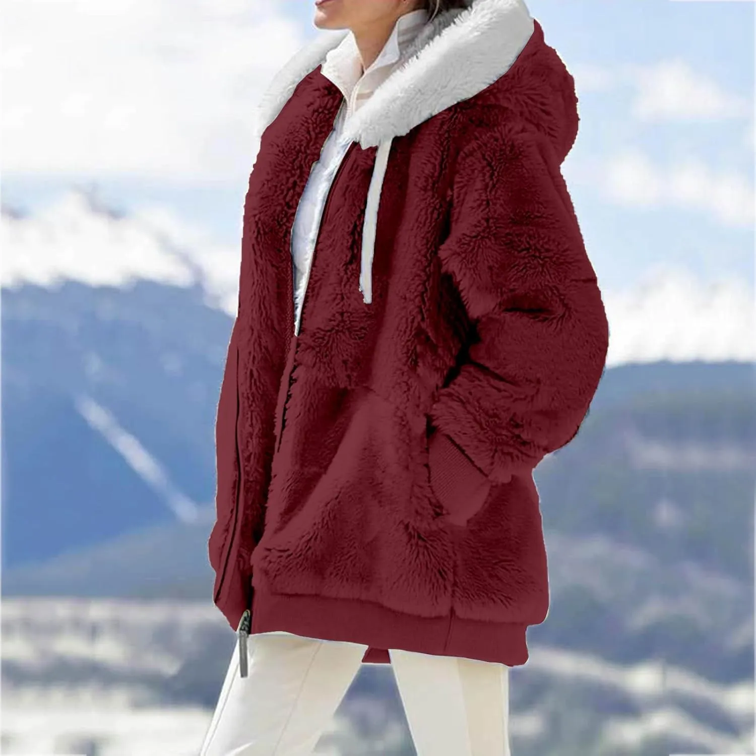 LCMTWX Womens Winter Coat Loose Solid Color Artificial Wool Zipper Drawstring Long-Sleeved Hoodie Sweater Hooded Color