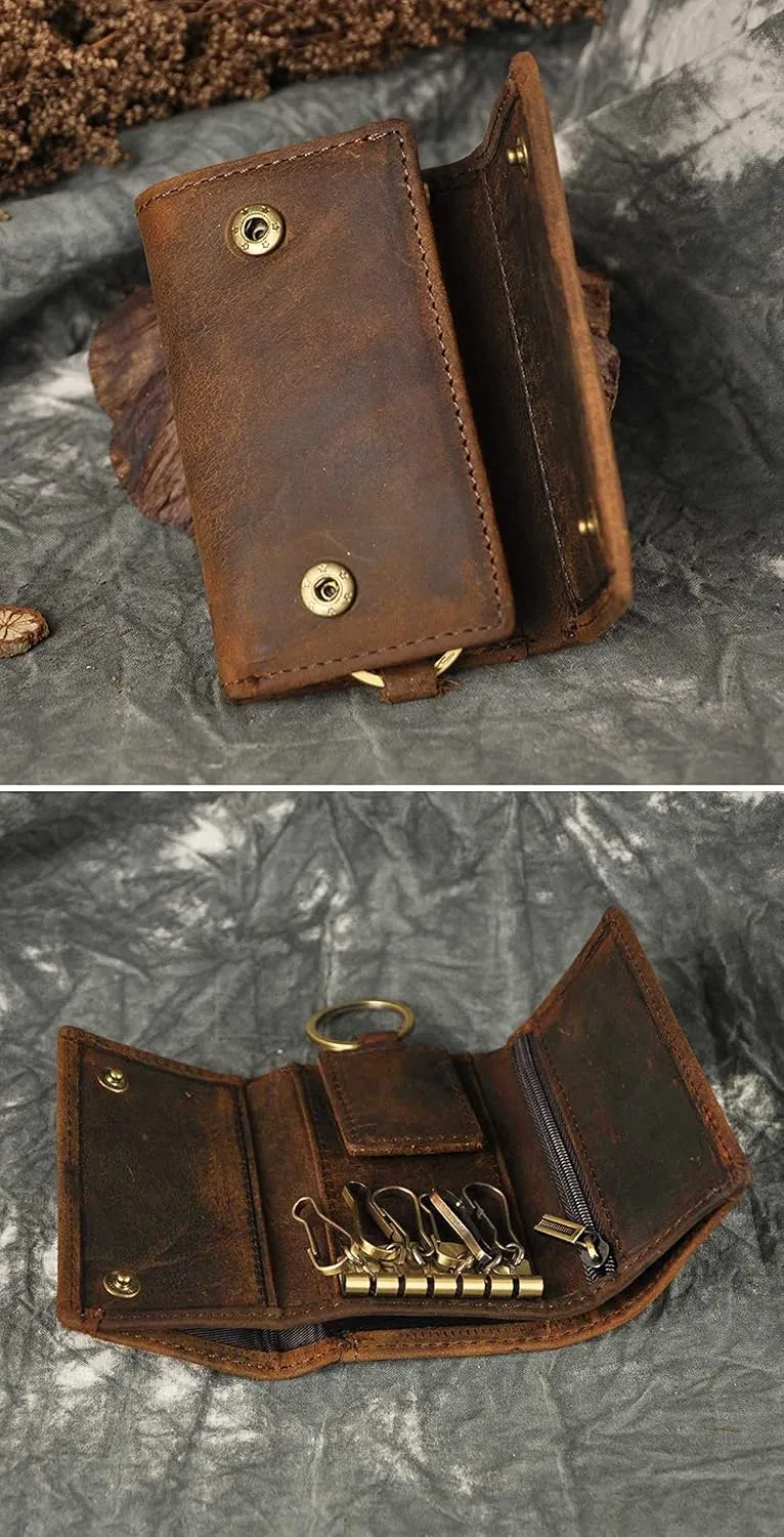 Le'aokuu Mens Genuine Leather Car Key Case Loop Hook Coin Case Cover Wallet Snap