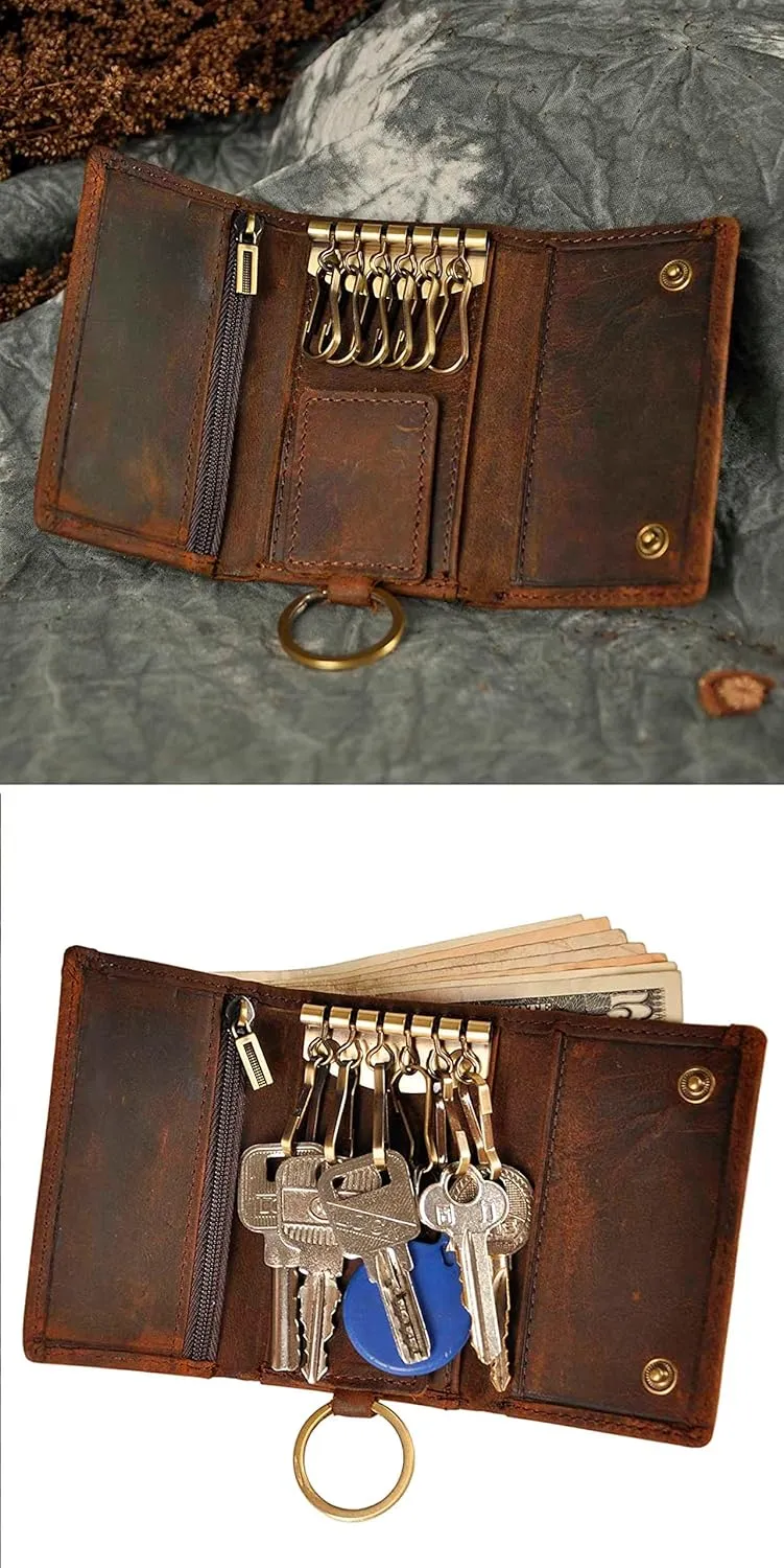 Le'aokuu Mens Genuine Leather Car Key Case Loop Hook Coin Case Cover Wallet Snap