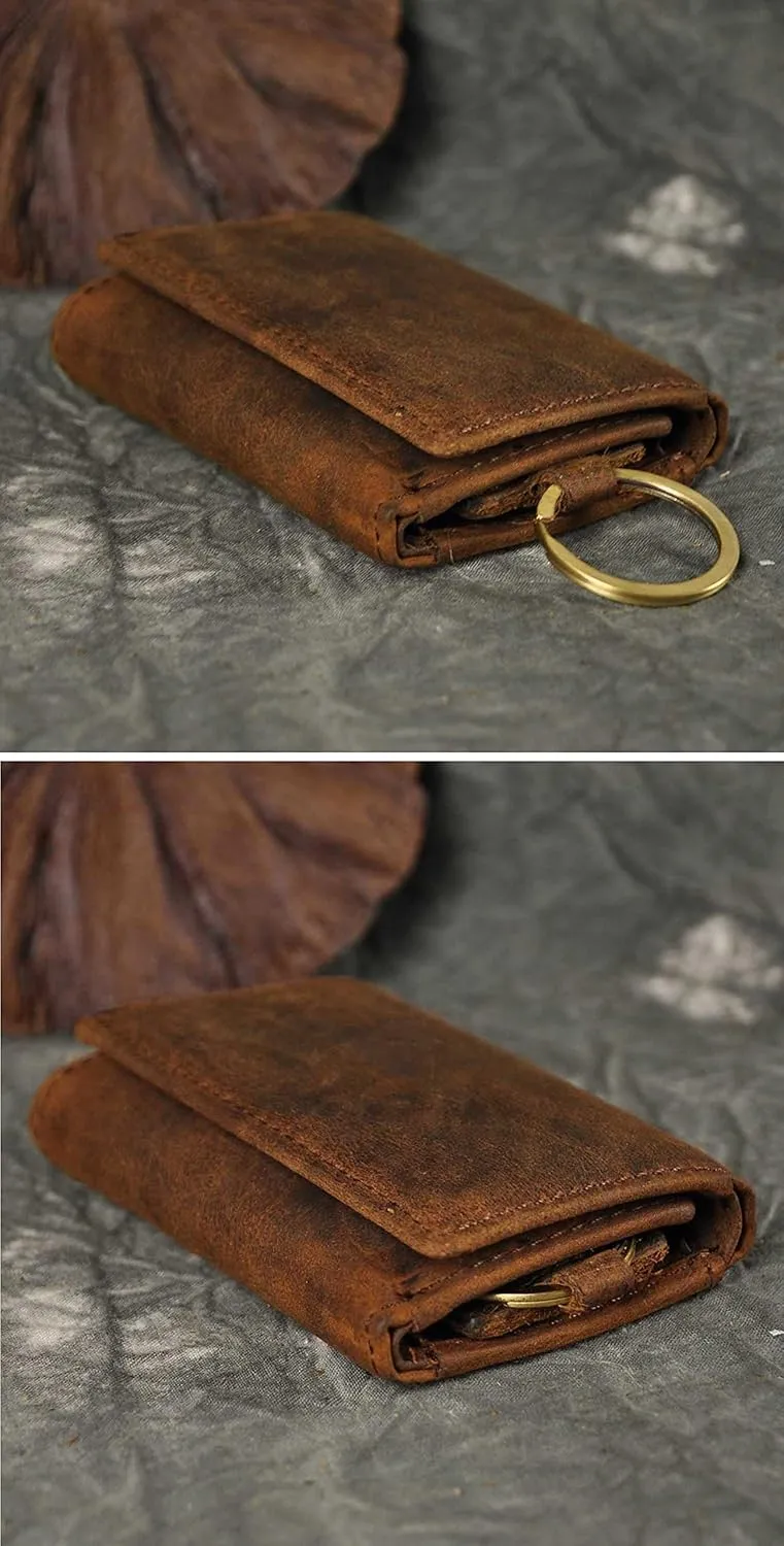 Le'aokuu Mens Genuine Leather Car Key Case Loop Hook Coin Case Cover Wallet Snap