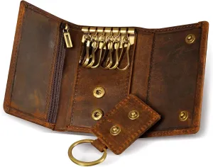 Le'aokuu Mens Genuine Leather Car Key Case Loop Hook Coin Case Cover Wallet Snap