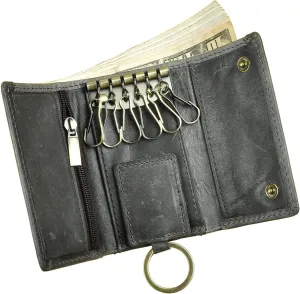 Le'aokuu Mens Genuine Leather Car Key Case Loop Hook Coin Case Cover Wallet Snap