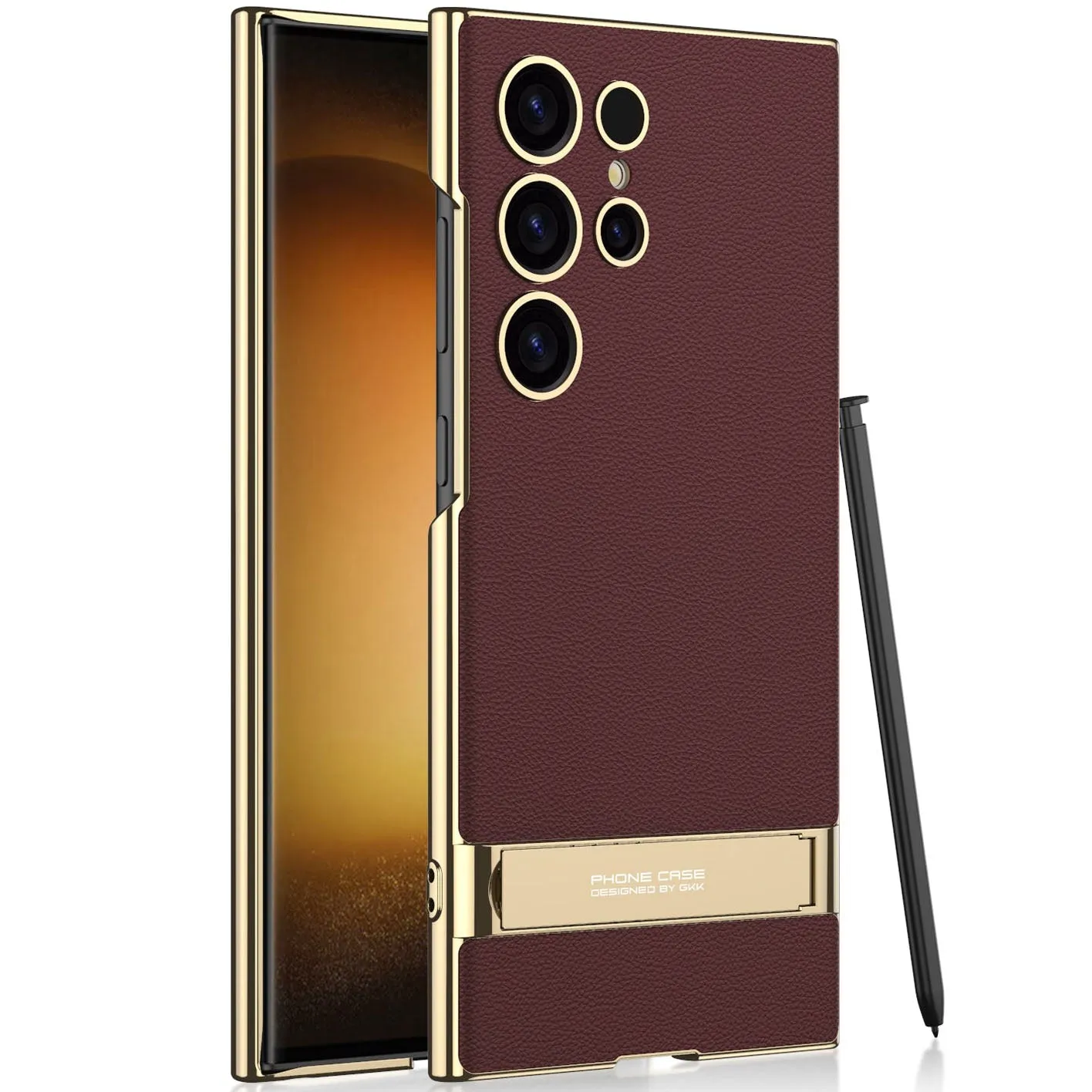 Leather Electroplated Protective Phone Case With Invisible Holder For Samsung