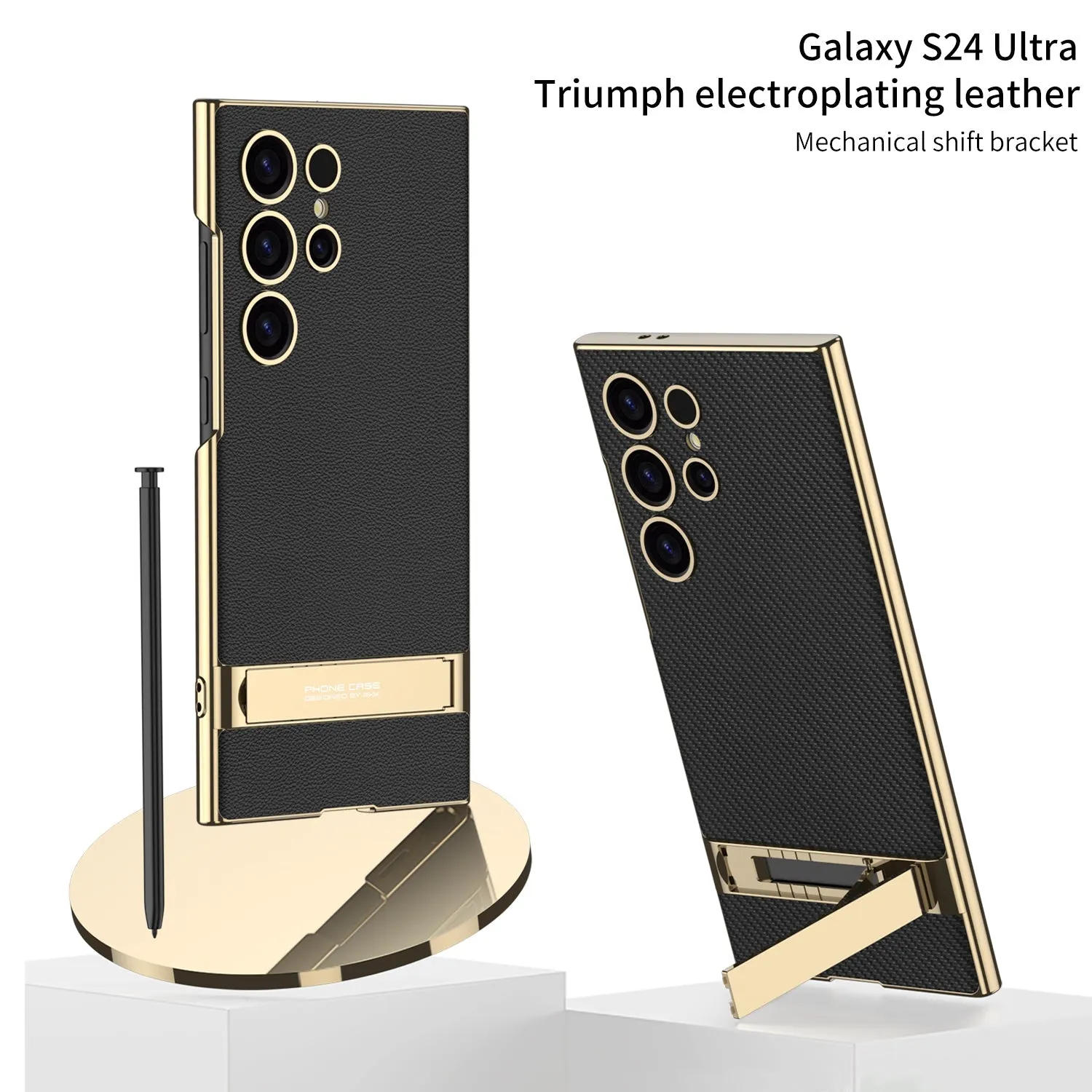 Leather Electroplated Protective Phone Case With Invisible Holder For Samsung