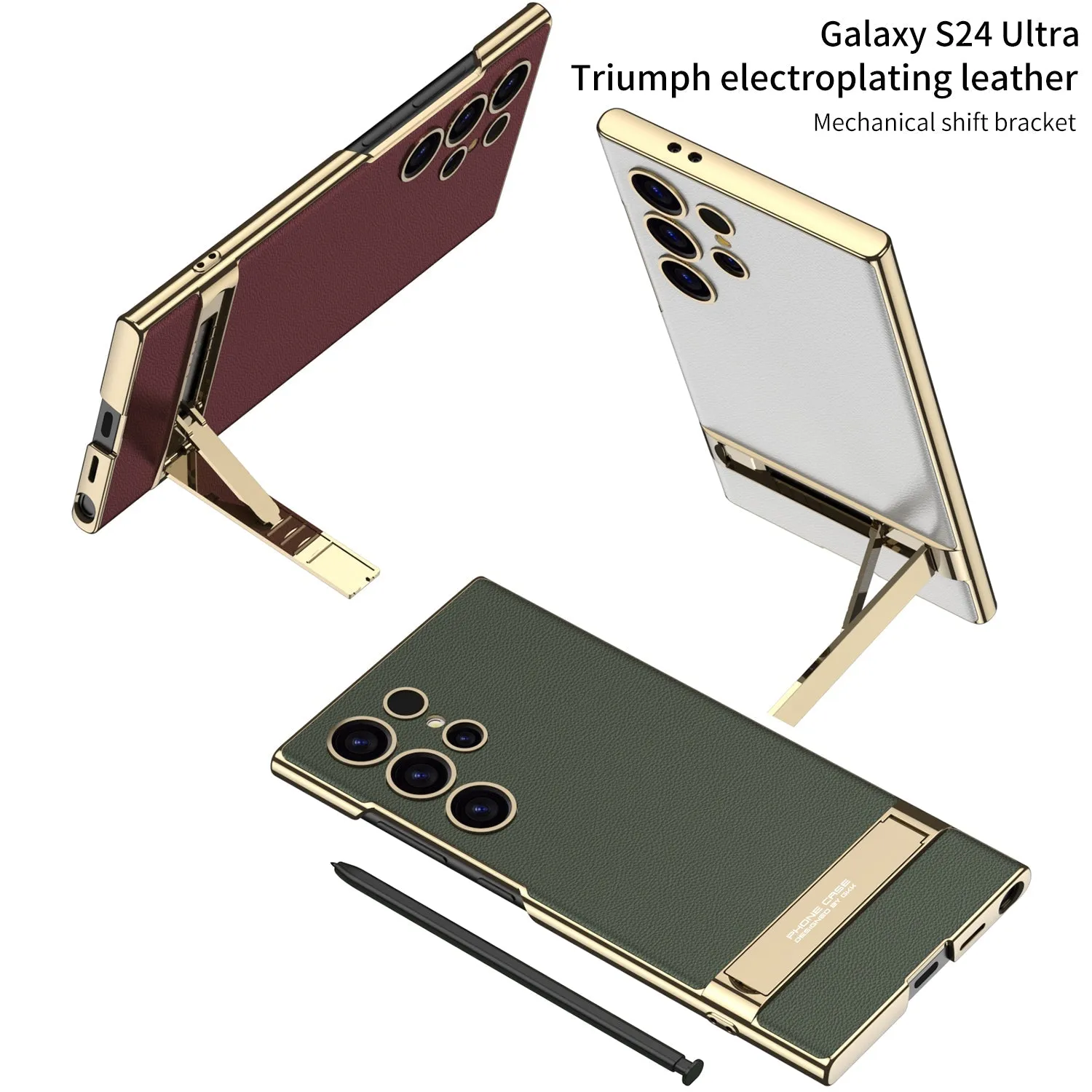 Leather Electroplated Protective Phone Case With Invisible Holder For Samsung