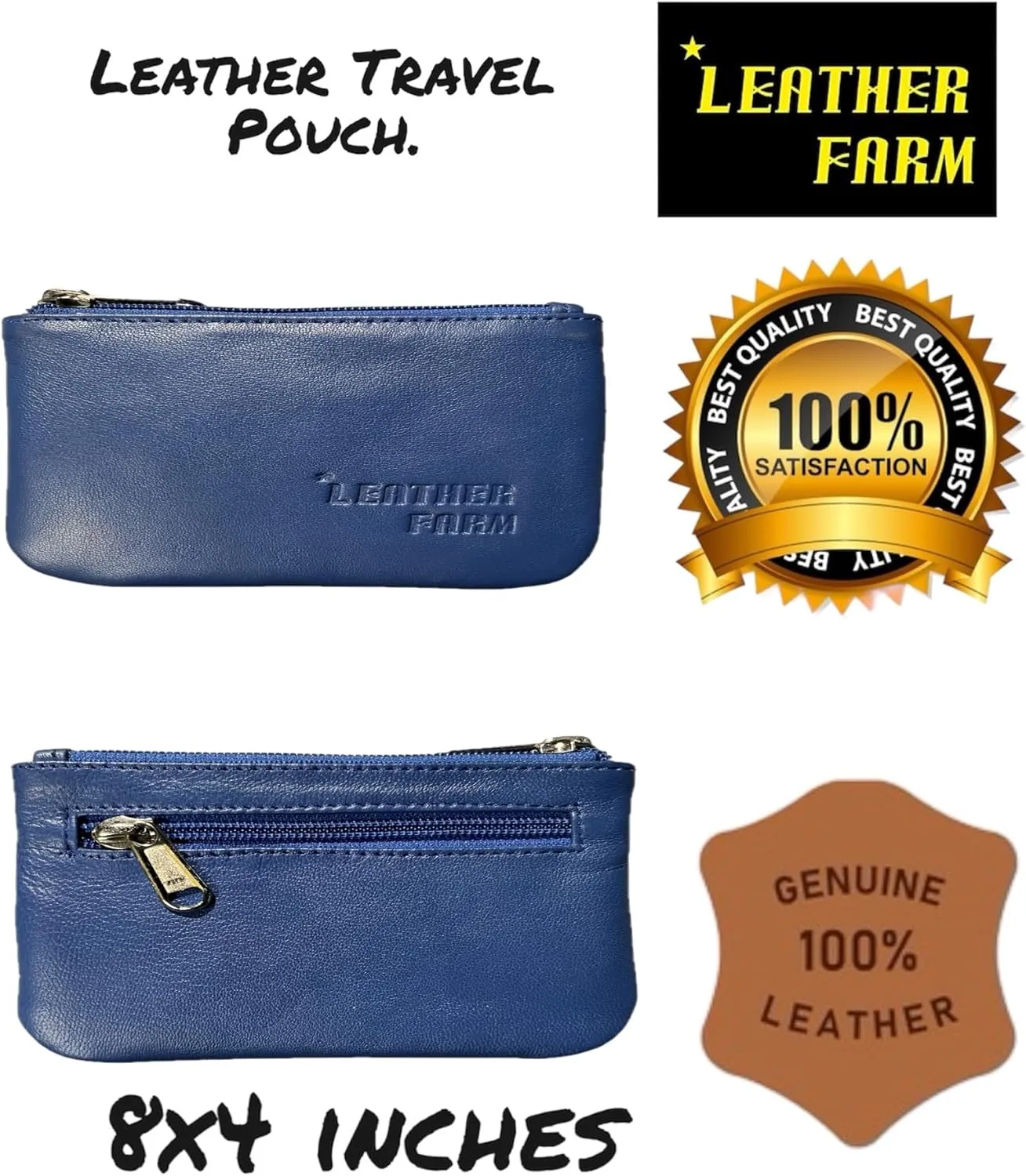 LEATHER FARM Leather Travel Pouch - Beautifully Handcrafted YKK Zippered Pouch Handmade - 8 x 4 inches.(BLUE)