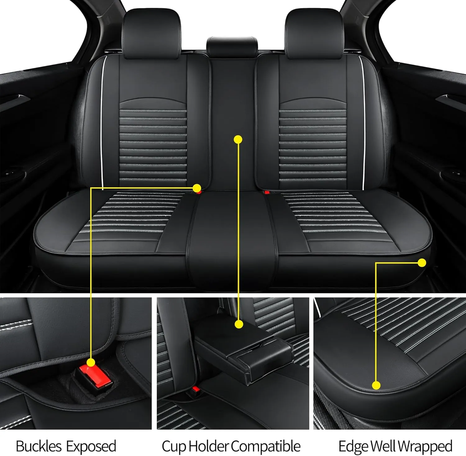 Leather Seat Covers for Cars,Car Seat Covers Full Set,Automotive Seat Covers for Trucks,SUV,Leatherette,Universal Fit,Airbag Compatible Vehicles Seats Cushions(Full Set,Black-White)
