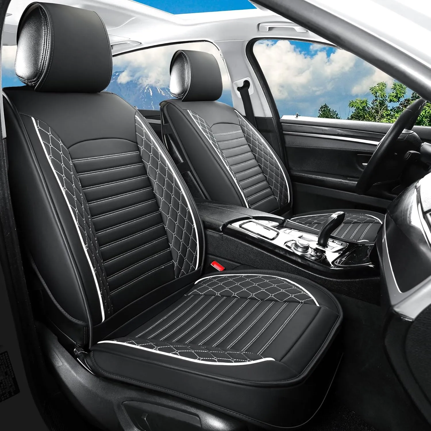 Leather Seat Covers for Cars,Car Seat Covers Full Set,Automotive Seat Covers for Trucks,SUV,Leatherette,Universal Fit,Airbag Compatible Vehicles Seats Cushions(Full Set,Black-White)