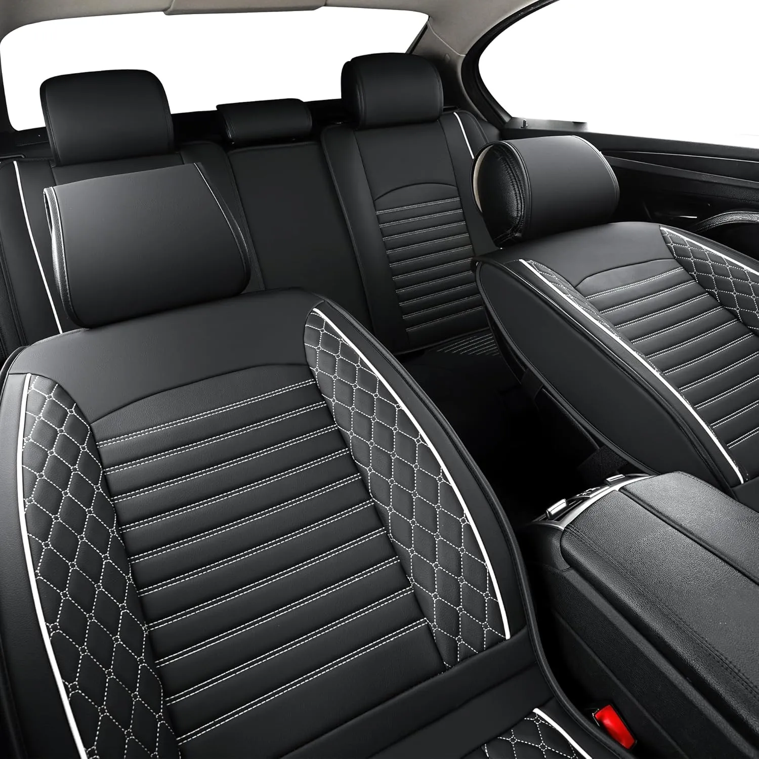 Leather Seat Covers for Cars,Car Seat Covers Full Set,Automotive Seat Covers for Trucks,SUV,Leatherette,Universal Fit,Airbag Compatible Vehicles Seats Cushions(Full Set,Black-White)