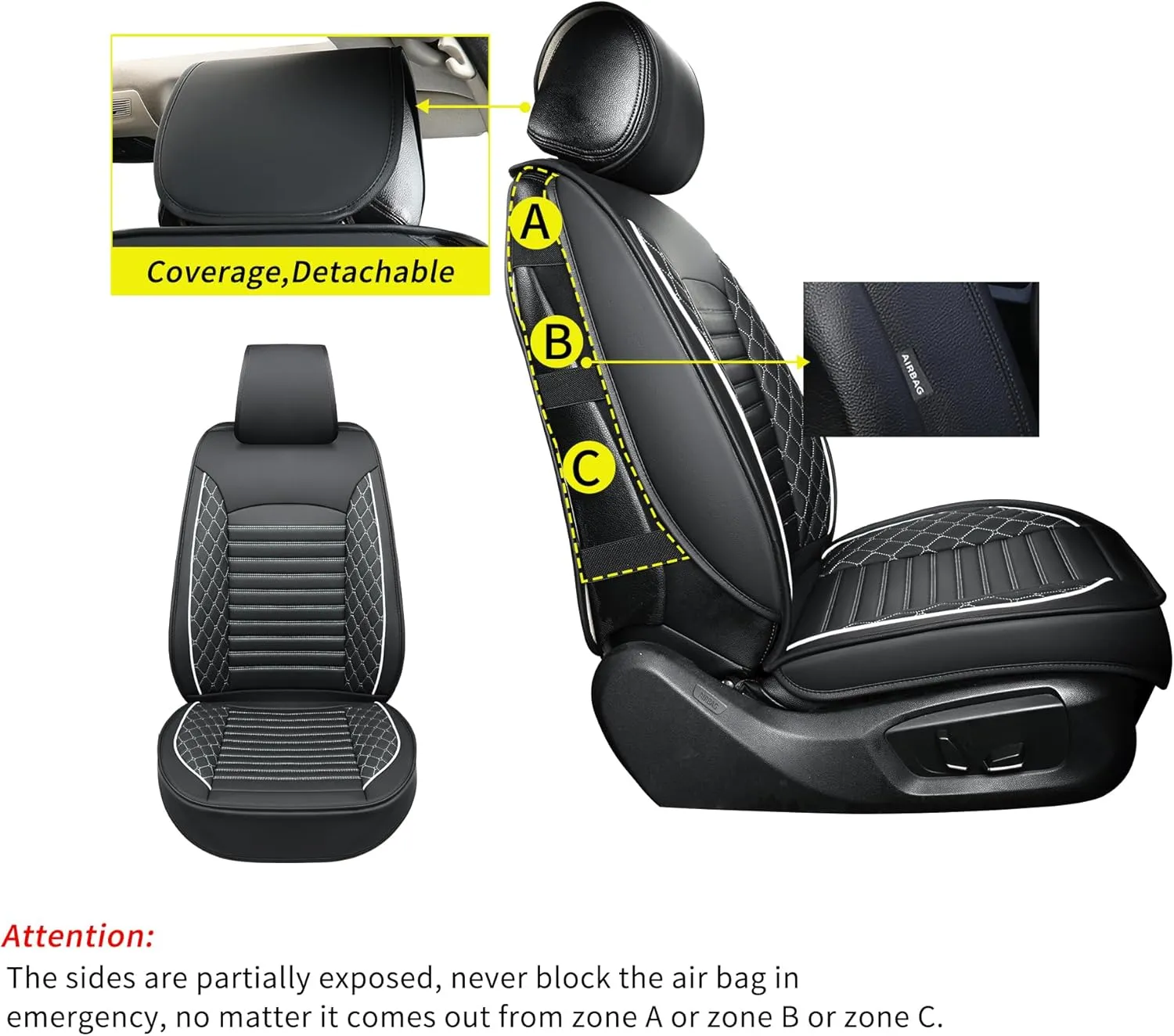 Leather Seat Covers for Cars,Car Seat Covers Full Set,Automotive Seat Covers for Trucks,SUV,Leatherette,Universal Fit,Airbag Compatible Vehicles Seats Cushions(Full Set,Black-White)