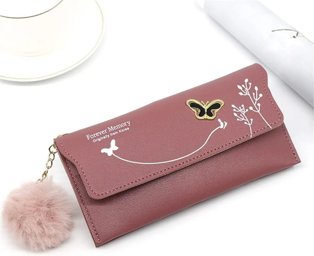 Leather Wallet Pu Leather Women's Wallet New Long Fashion Zipper Purse Clutch for Girls Creative Bow Portable Coin Pocket Card Holder Large Capacity (Gy,9.5x19cm)