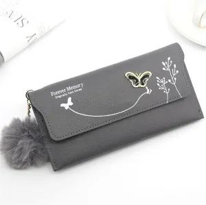 Leather Wallet Pu Leather Women's Wallet New Long Fashion Zipper Purse Clutch for Girls Creative Bow Portable Coin Pocket Card Holder Large Capacity (Gy,9.5x19cm)
