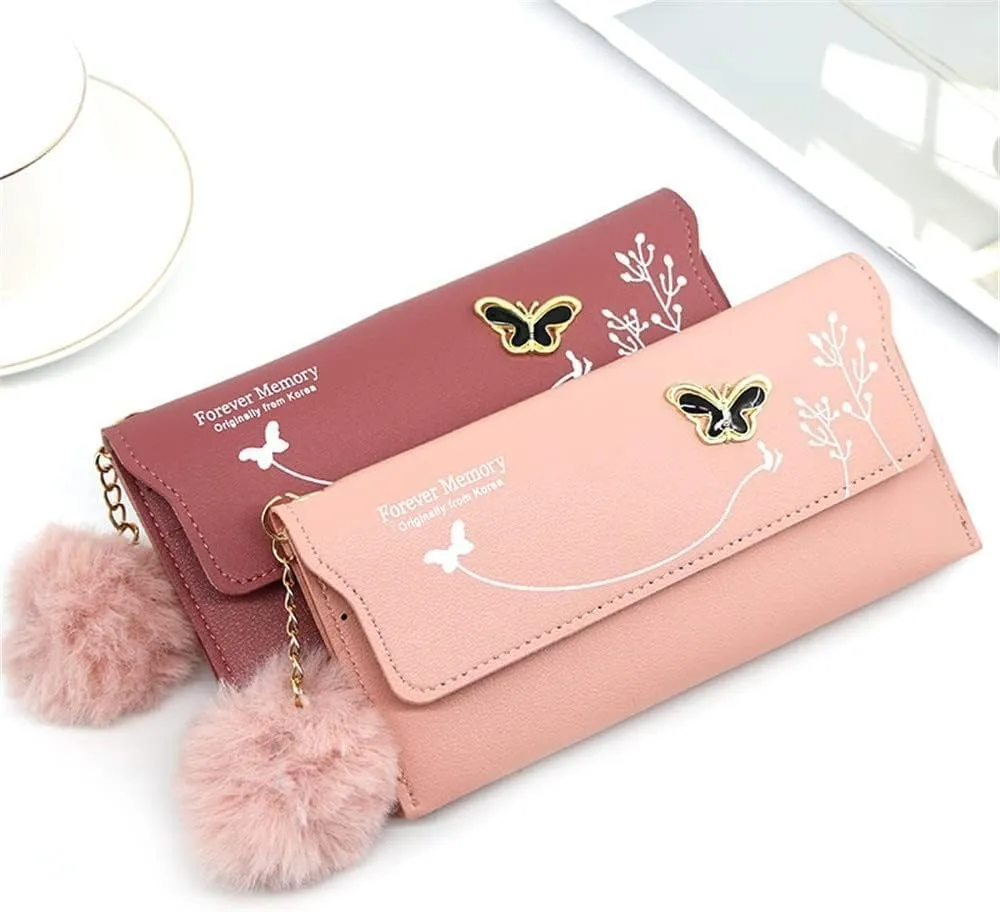Leather Wallet Pu Leather Women's Wallet New Long Fashion Zipper Purse Clutch for Girls Creative Bow Portable Coin Pocket Card Holder Large Capacity (Pk,9.5x19cm)