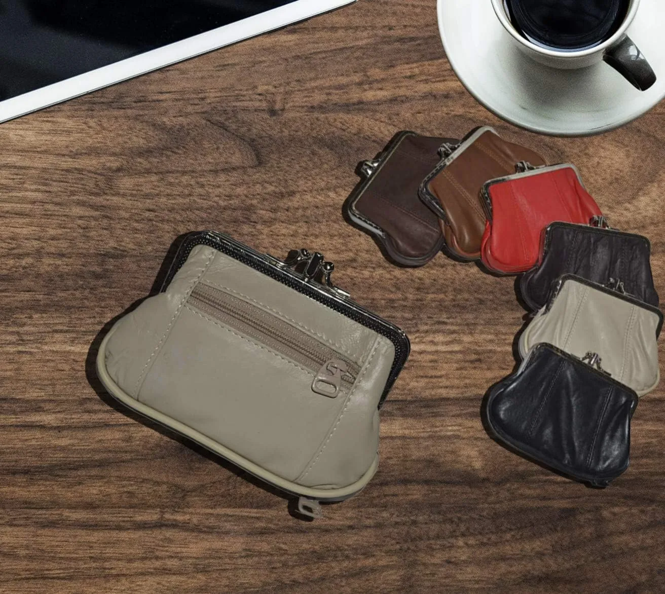 Leatherboss Genuine Leather Double Frame Coin Purse Wallet with Zipper Pocket