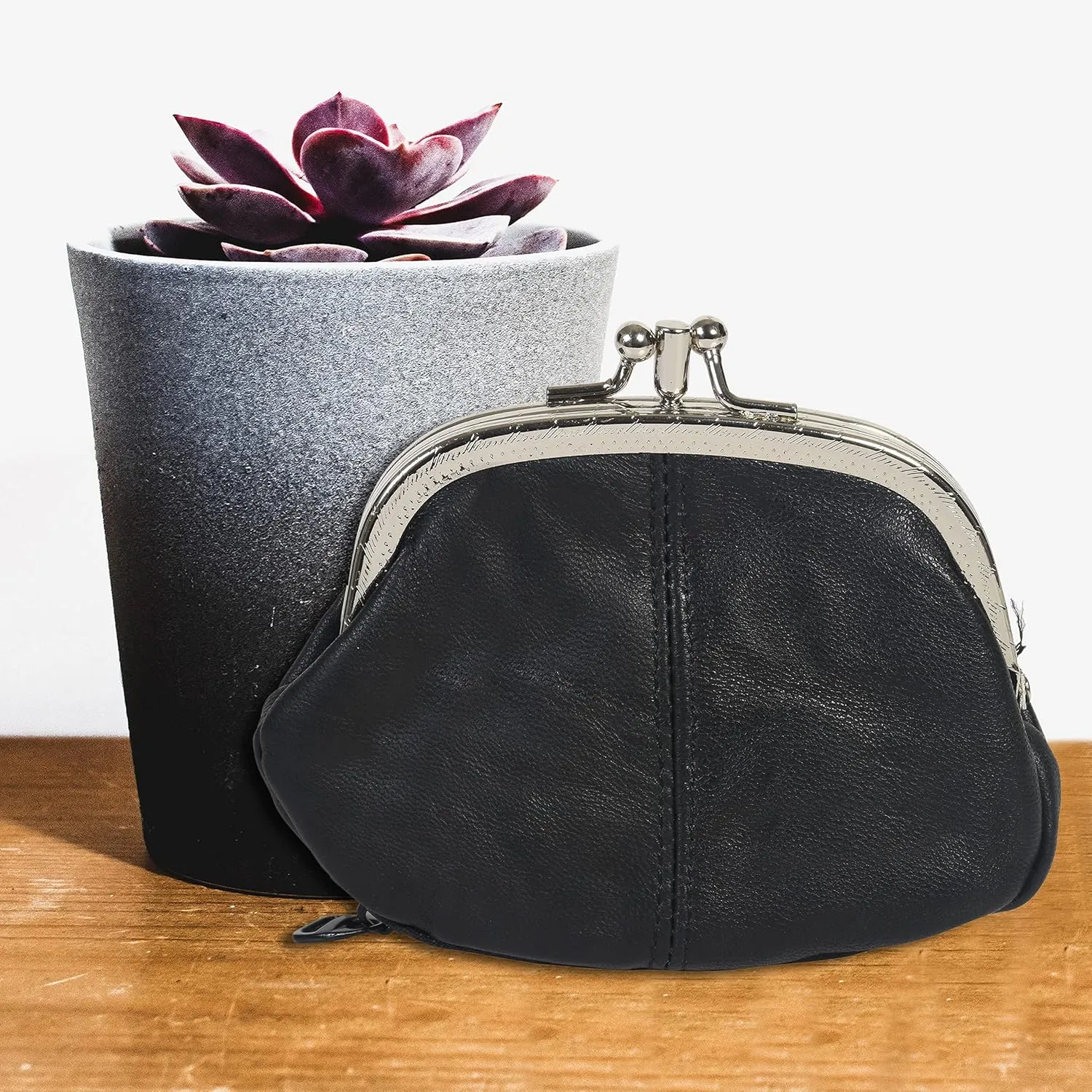 Leatherboss Leather Women's Coin Holder Pouch Purse Double Frame Wallet with Zipper Pocket, Black
