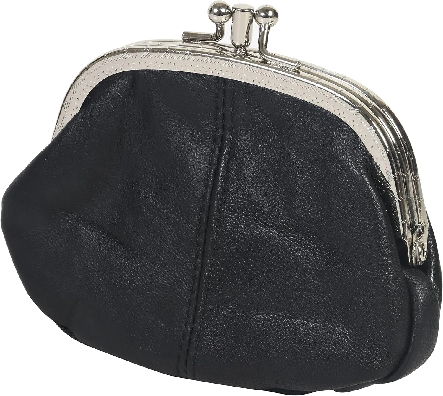 Leatherboss Leather Women's Coin Holder Pouch Purse Double Frame Wallet with Zipper Pocket, Black
