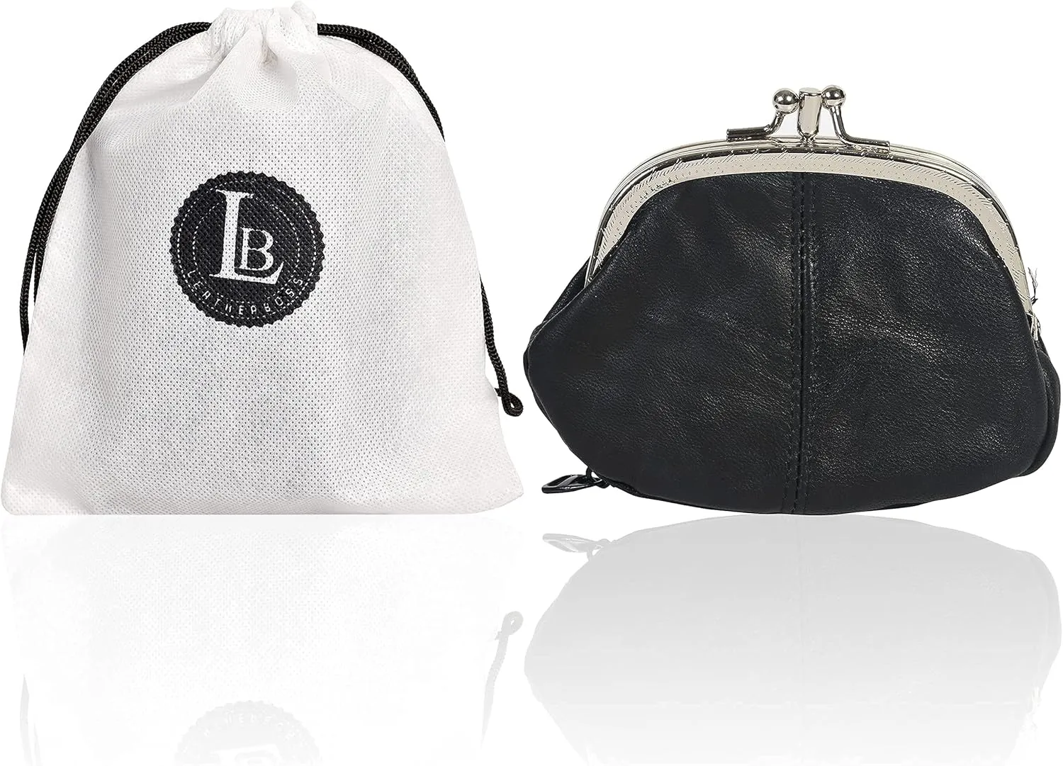 Leatherboss Leather Women's Coin Holder Pouch Purse Double Frame Wallet with Zipper Pocket, Black
