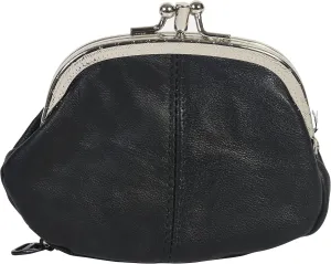 Leatherboss Leather Women's Coin Holder Pouch Purse Double Frame Wallet with Zipper Pocket, Black