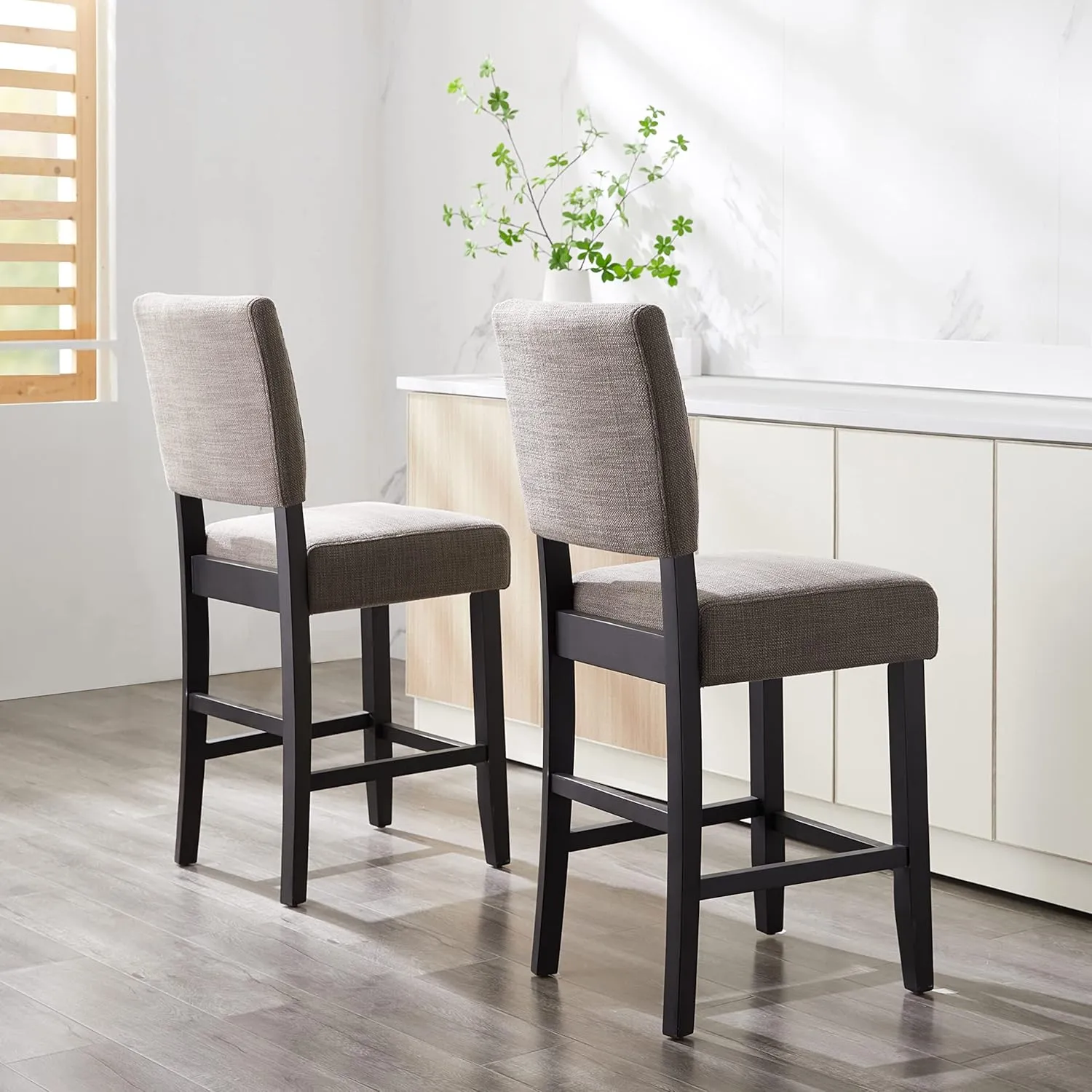 Leick Home Brax Upholstered Back Counter Height Stools Set of 2, Gray Woven Fabric, Black Wood Base, Comfortable Modern Bar Stools for Kitchen Counters and Islands, 10086-BLKGL