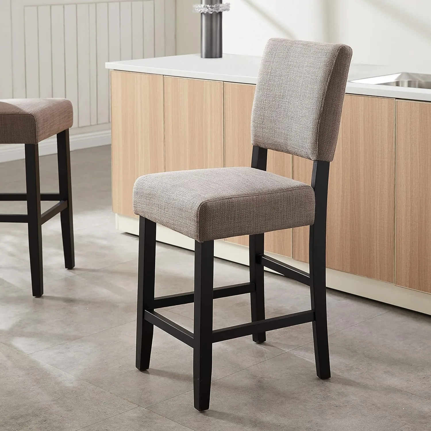Leick Home Brax Upholstered Back Counter Height Stools Set of 2, Gray Woven Fabric, Black Wood Base, Comfortable Modern Bar Stools for Kitchen Counters and Islands, 10086-BLKGL