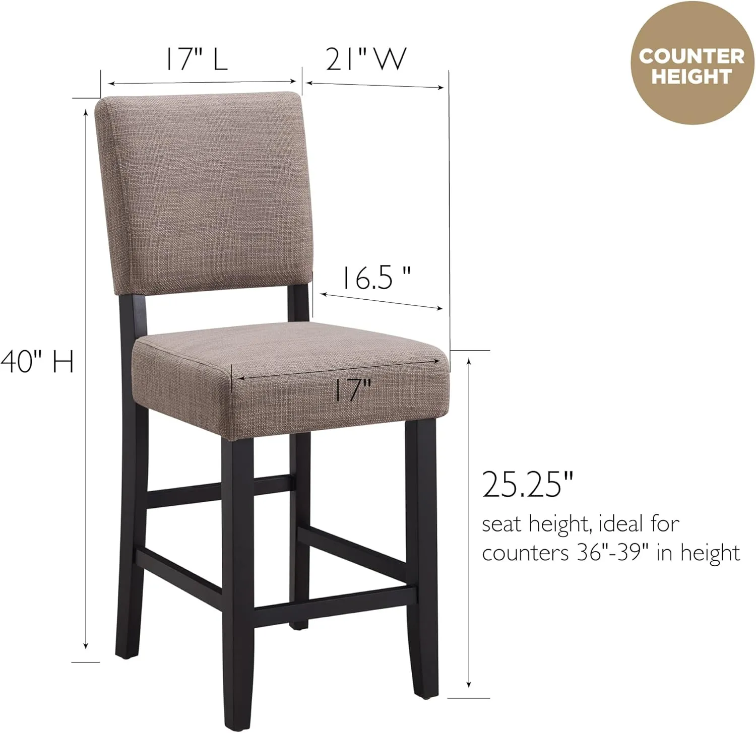 Leick Home Brax Upholstered Back Counter Height Stools Set of 2, Gray Woven Fabric, Black Wood Base, Comfortable Modern Bar Stools for Kitchen Counters and Islands, 10086-BLKGL