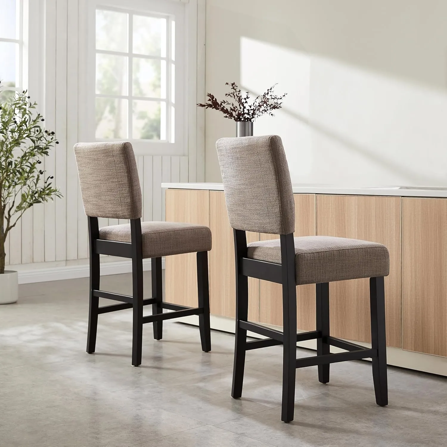 Leick Home Brax Upholstered Back Counter Height Stools Set of 2, Gray Woven Fabric, Black Wood Base, Comfortable Modern Bar Stools for Kitchen Counters and Islands, 10086-BLKGL