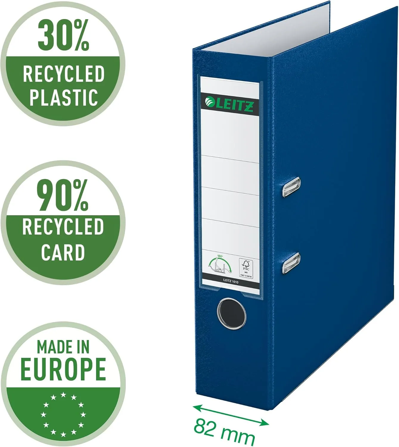 Leitz Plastic Lever Arch File, 90 Percent Recycled Card, 30 Percent Pre-Consumer Recycled Plastic, with Thumbhole and Rado Rings, 80mm Spine 600 Sheet Capacity, Blue, 10101035