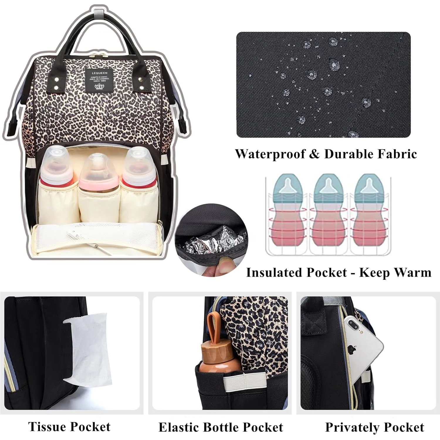 Leopard Print Diaper Bag Backpack Multi-Function Diaper Bag for Baby Care Waterproof Travel Baby Bag for Mom Brown