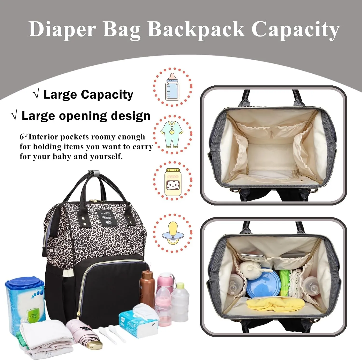 Leopard Print Diaper Bag Backpack Multi-Function Diaper Bag for Baby Care Waterproof Travel Baby Bag for Mom Brown