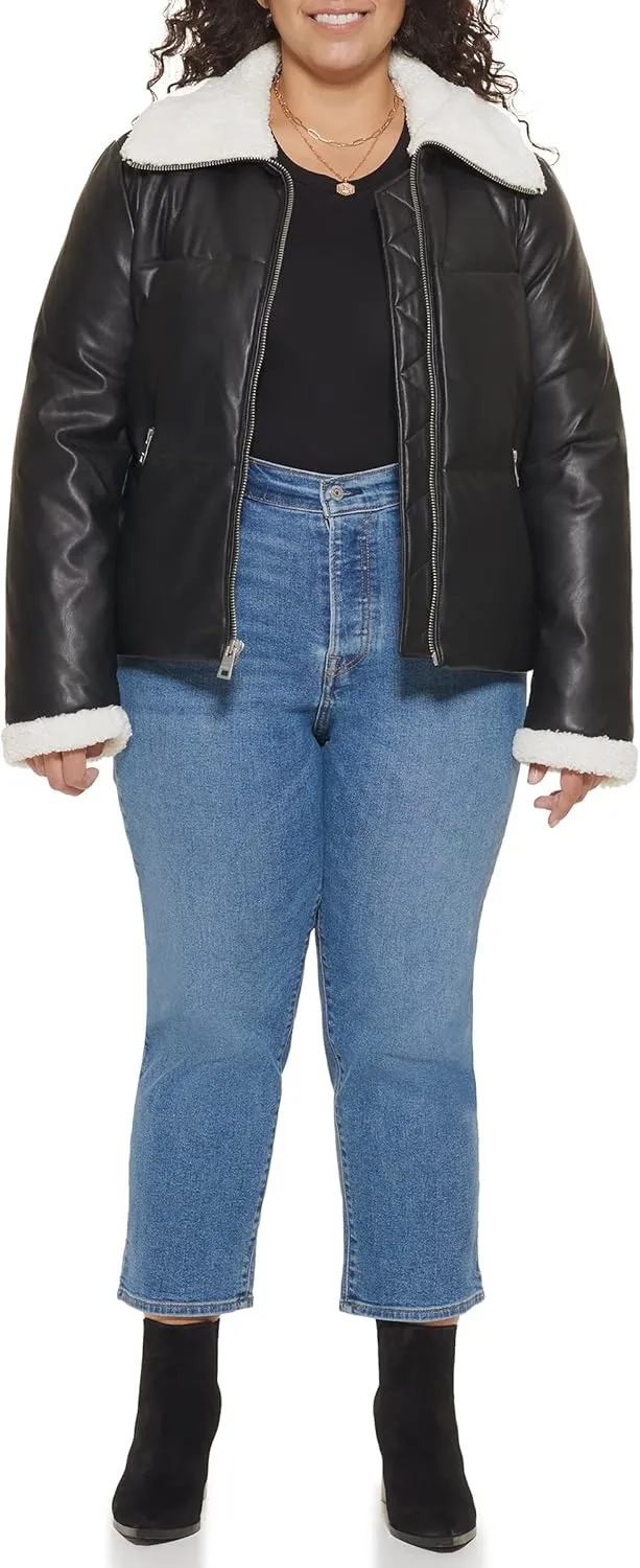 Levi's Women's Breanna Faux Leather Puffer Jacket with Sherpa Lined Collar