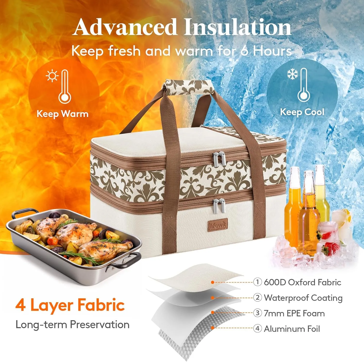 Lifewit Expandable Insulated Casserole Carrier for Hot or Cold Food, Double Decker Food Bag Lasagna Holder Carry Tote for Potluck Parties/Picnic/Cookouts, Fits 9"x13" Baking Dish, Cream-Flowers