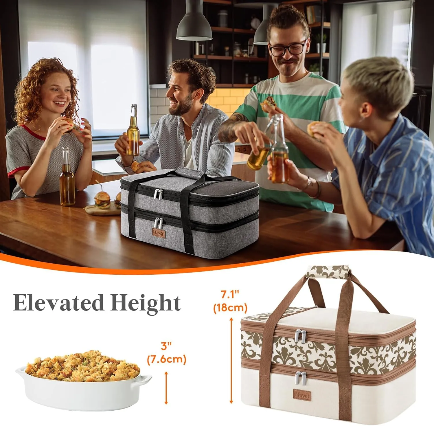 Lifewit Expandable Insulated Casserole Carrier for Hot or Cold Food, Double Decker Food Bag Lasagna Holder Carry Tote for Potluck Parties/Picnic/Cookouts, Fits 9"x13" Baking Dish, Cream-Flowers
