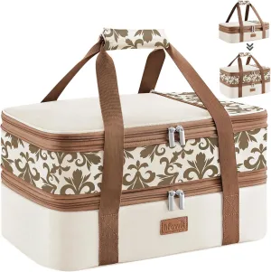 Lifewit Expandable Insulated Casserole Carrier for Hot or Cold Food, Double Decker Food Bag Lasagna Holder Carry Tote for Potluck Parties/Picnic/Cookouts, Fits 9"x13" Baking Dish, Cream-Flowers