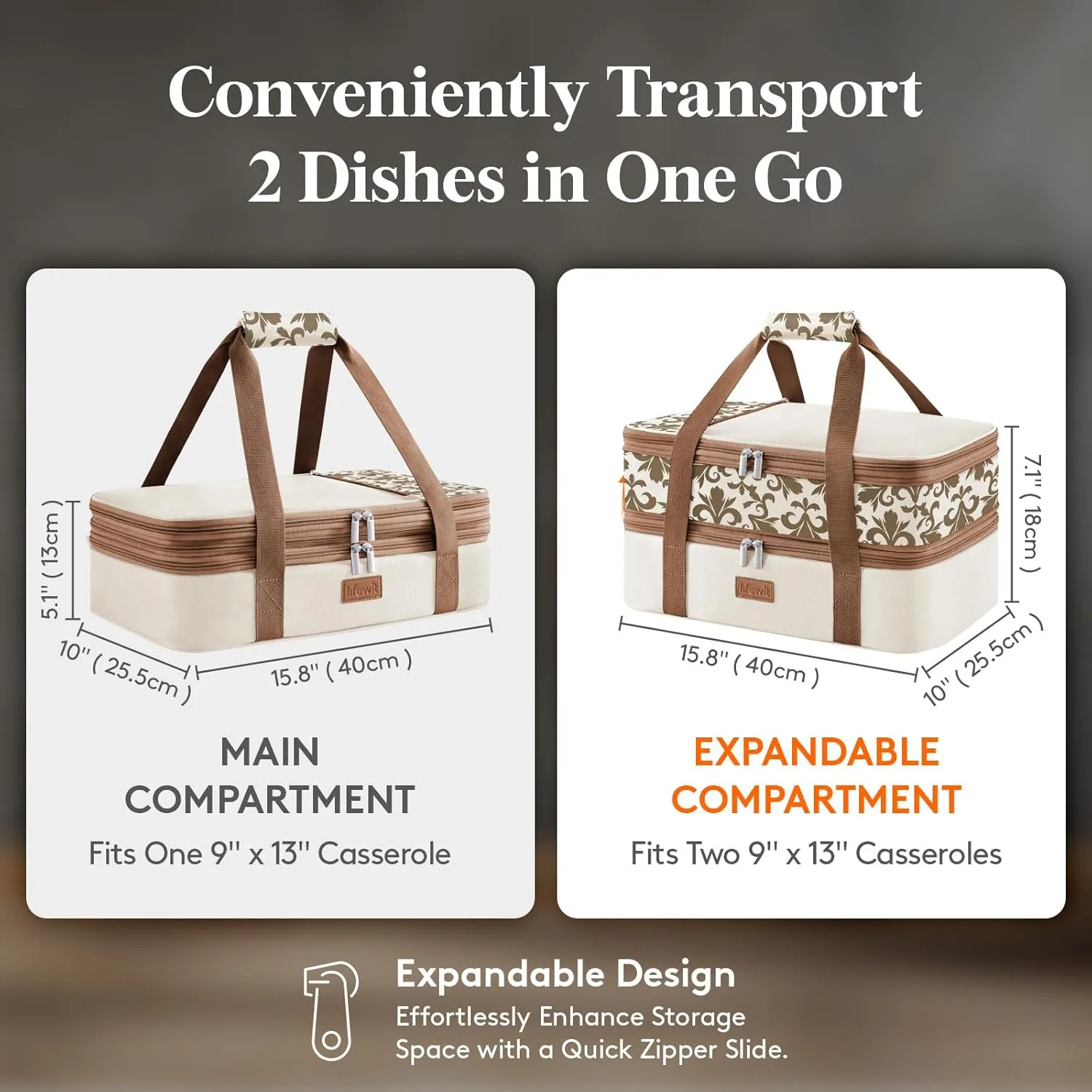 Lifewit Expandable Insulated Casserole Carrier for Hot or Cold Food, Double Decker Food Bag Lasagna Holder Carry Tote for Potluck Parties/Picnic/Cookouts, Fits 9"x13" Baking Dish, Cream-Flowers