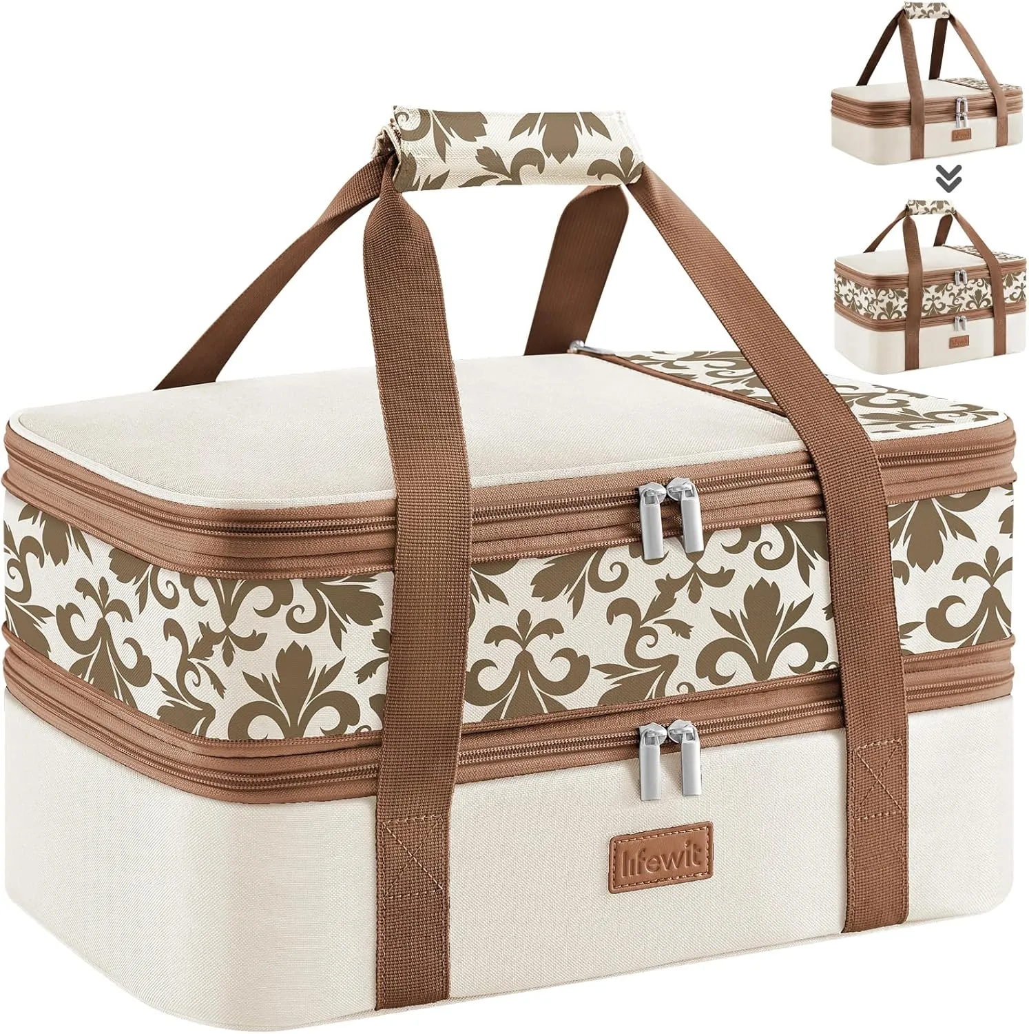 Lifewit Expandable Insulated Casserole Carrier for Hot or Cold Food, Double Decker Food Bag Lasagna Holder Carry Tote for Potluck Parties/Picnic/Cookouts, Fits 9"x13" Baking Dish, Cream-Flowers