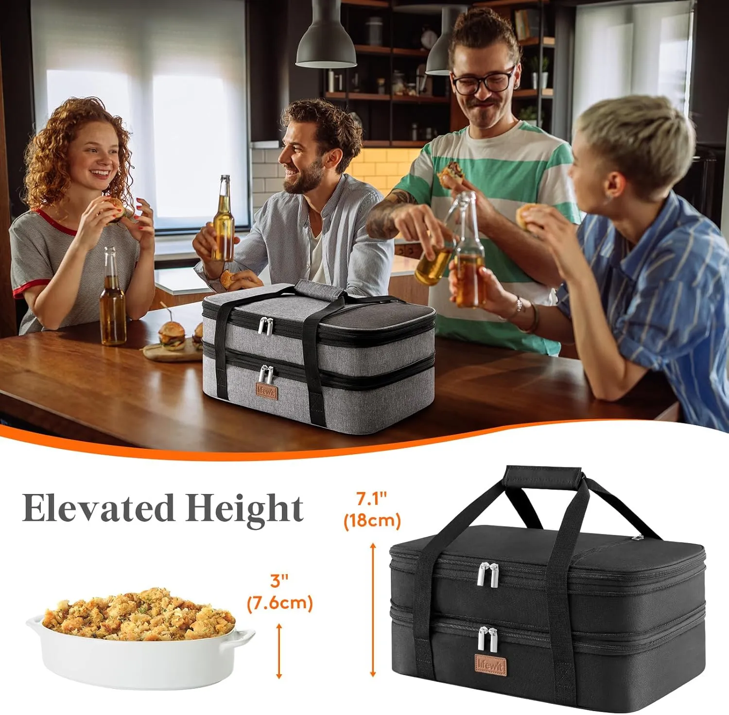 Lifewit Insulated Double Casserole Carrier Thermal Lunch Tote for Potluck Parties, Picnic, Beach, Fits 9 x 13 Inches Casserole Dish, Expandable by Mid Zipper, Black
