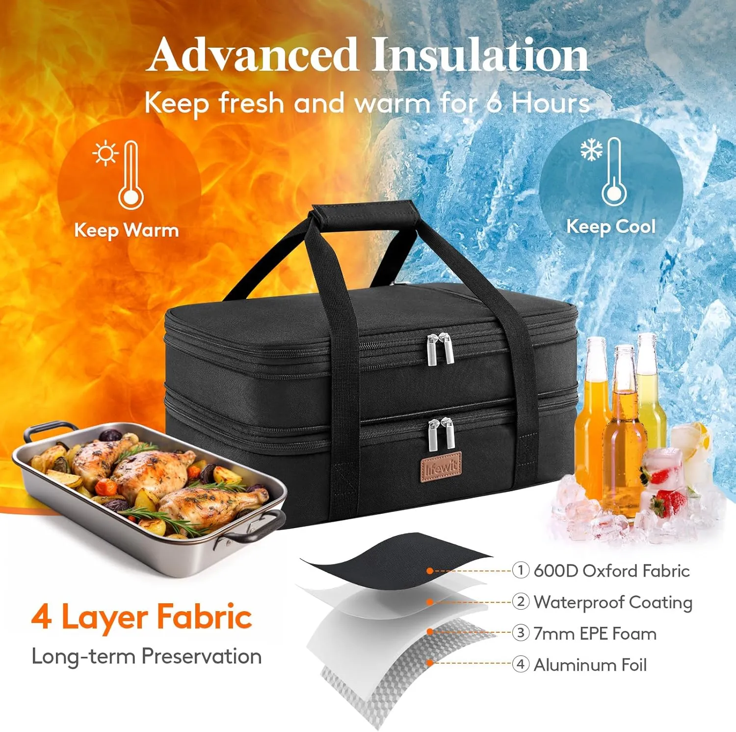 Lifewit Insulated Double Casserole Carrier Thermal Lunch Tote for Potluck Parties, Picnic, Beach, Fits 9 x 13 Inches Casserole Dish, Expandable by Mid Zipper, Black