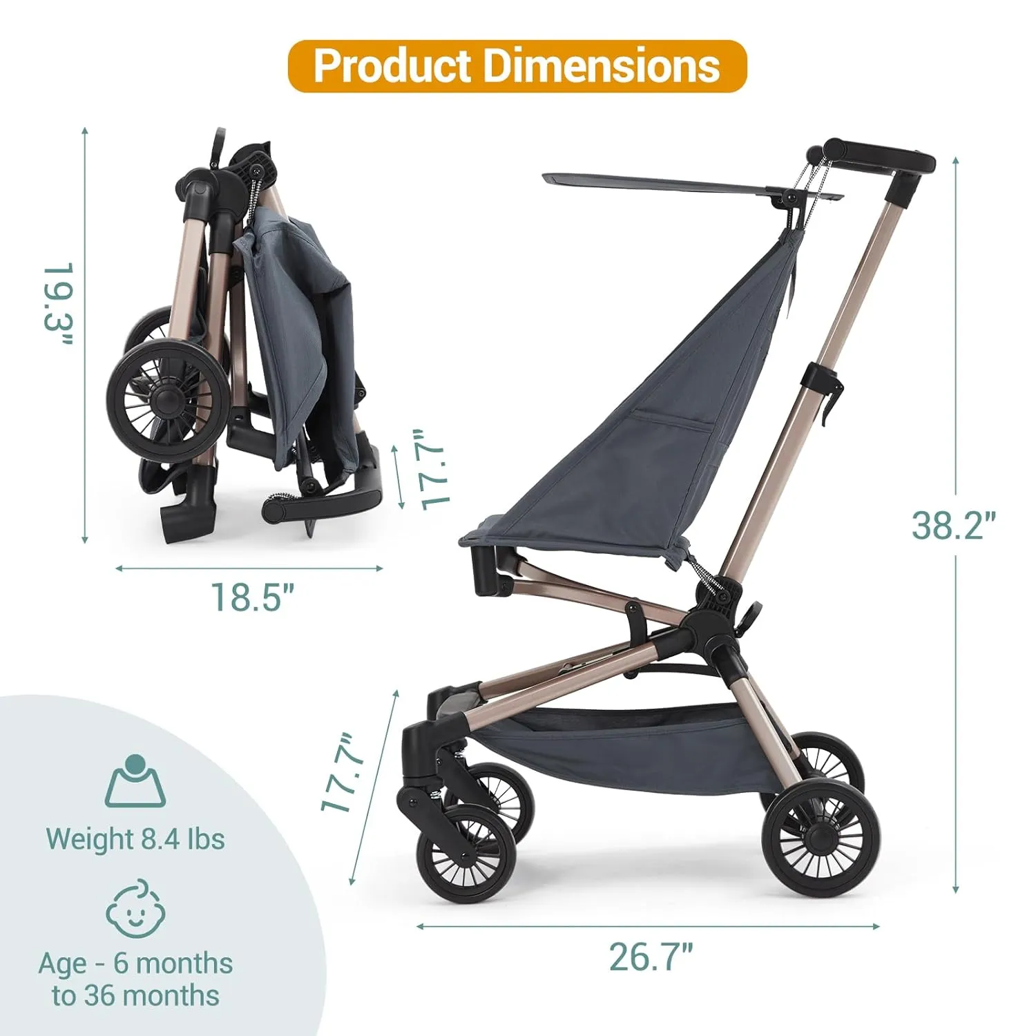 Lightweight Baby Stroller Under 10 lbs, Travel Strollers for Airplane with Carry Bag, One-Handed Fold Compact Umbrella Stroller - Adjustable Sun Canopy, 360° Wheels & 3-Point Safety Harness
