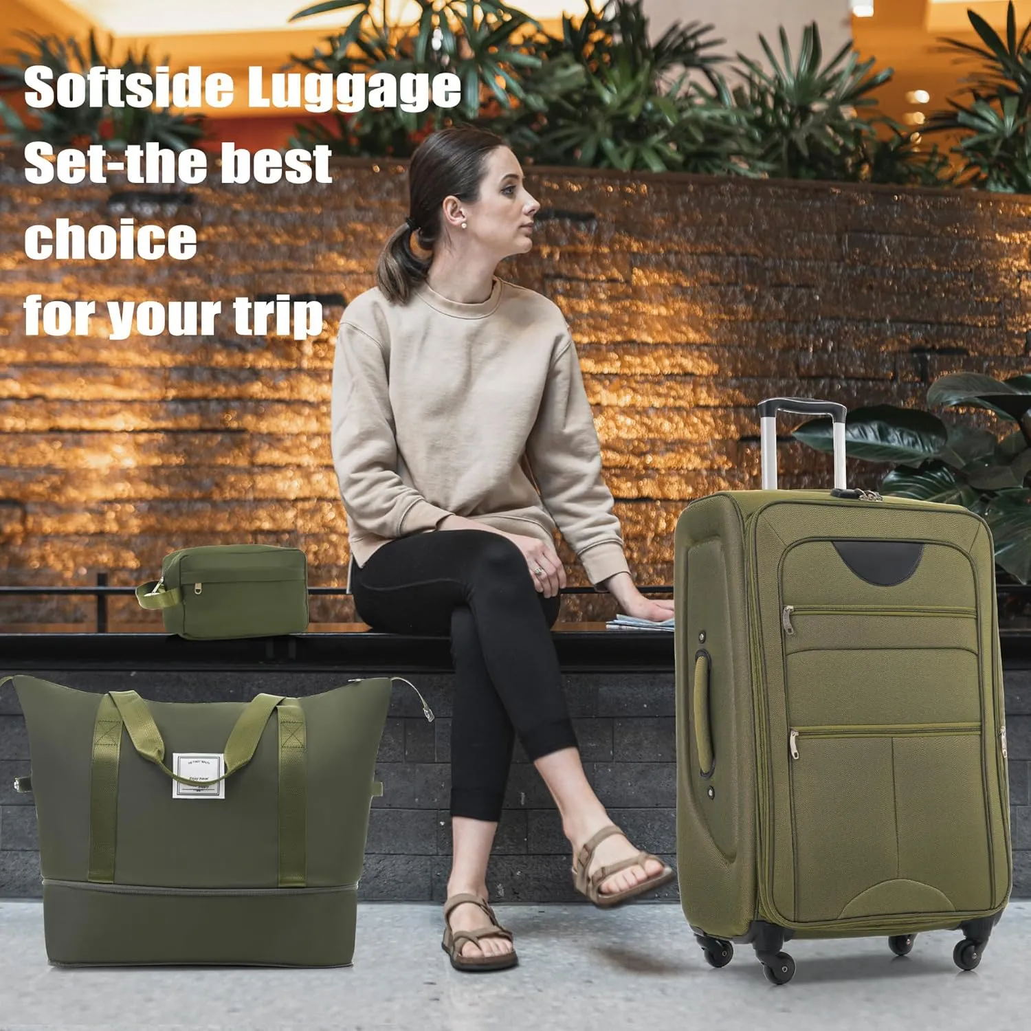 Lightweight Expandable Softside Luggage Sets 3 Piece, Large Capacity Travel Suitcase with Spinner Wheel, TSA Lock, Easy Access Design and Adjustable Telescoping Handle (Army Green)