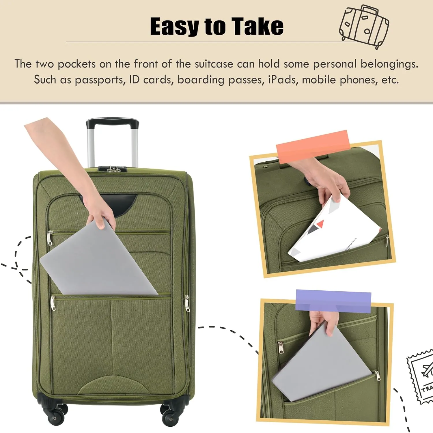 Lightweight Expandable Softside Luggage Sets 3 Piece, Large Capacity Travel Suitcase with Spinner Wheel, TSA Lock, Easy Access Design and Adjustable Telescoping Handle (Army Green)