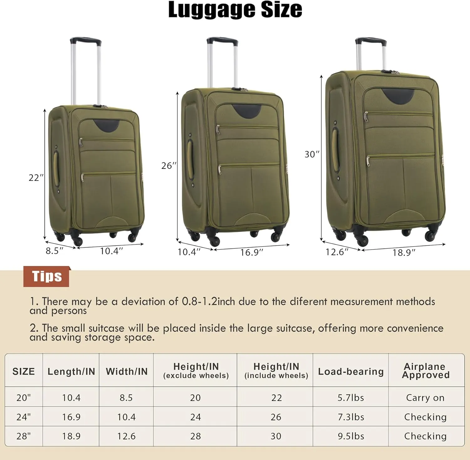 Lightweight Expandable Softside Luggage Sets 3 Piece, Large Capacity Travel Suitcase with Spinner Wheel, TSA Lock, Easy Access Design and Adjustable Telescoping Handle (Army Green)