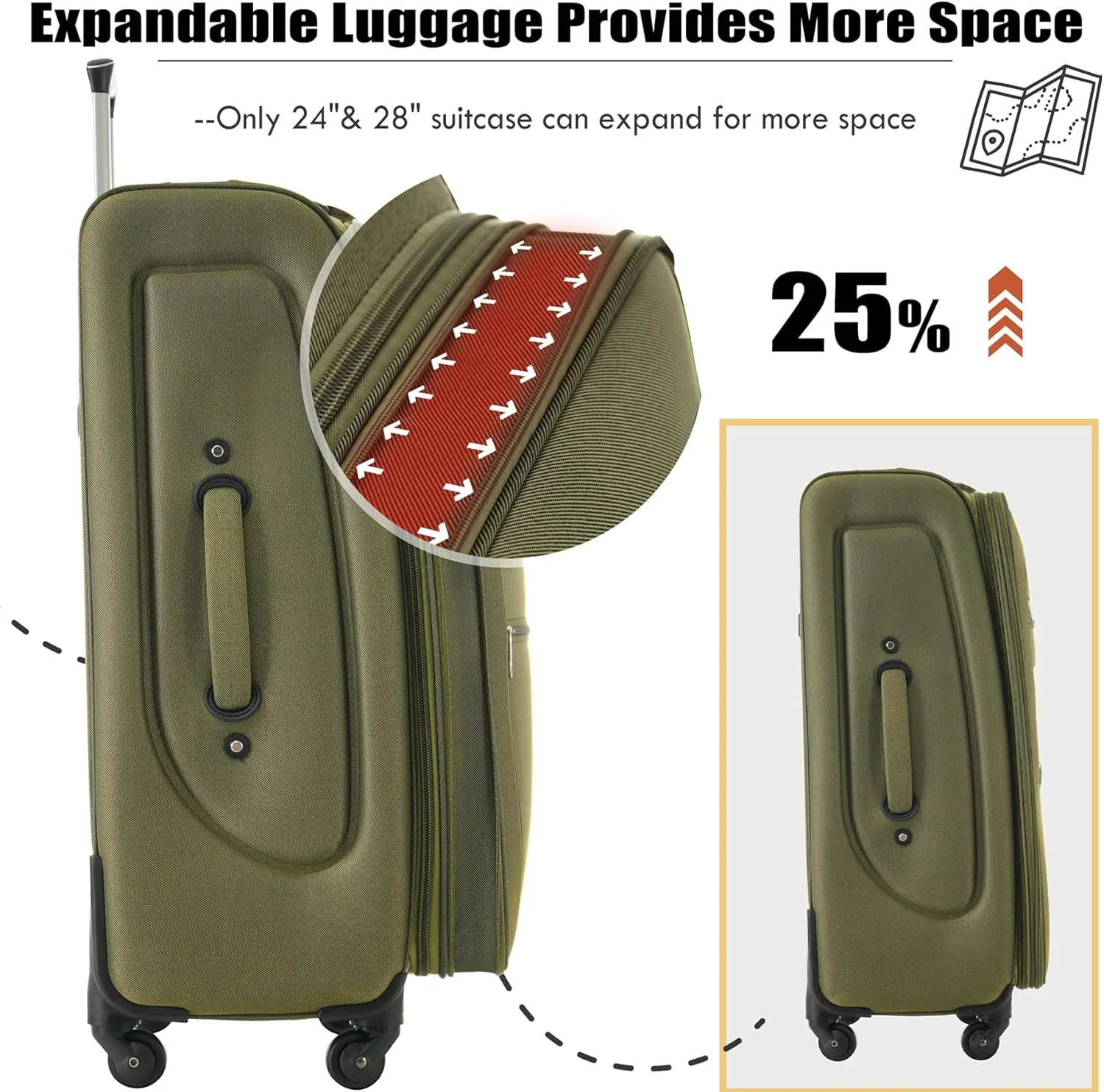 Lightweight Expandable Softside Luggage Sets 3 Piece, Large Capacity Travel Suitcase with Spinner Wheel, TSA Lock, Easy Access Design and Adjustable Telescoping Handle (Army Green)