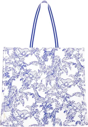 Lilly Pulitzer Blue and White Large Eco Tote, Market Shopper Bag, Oversize Reusable Grocery Tote with Comfortable Shoulder Straps, 13.5" x 14", (Safari Party)