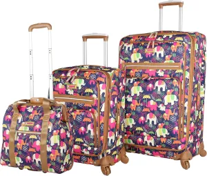 Lily Bloom Luggage 3 Piece Softside Spinner Suitcase Set Collection (Elephant Rain)