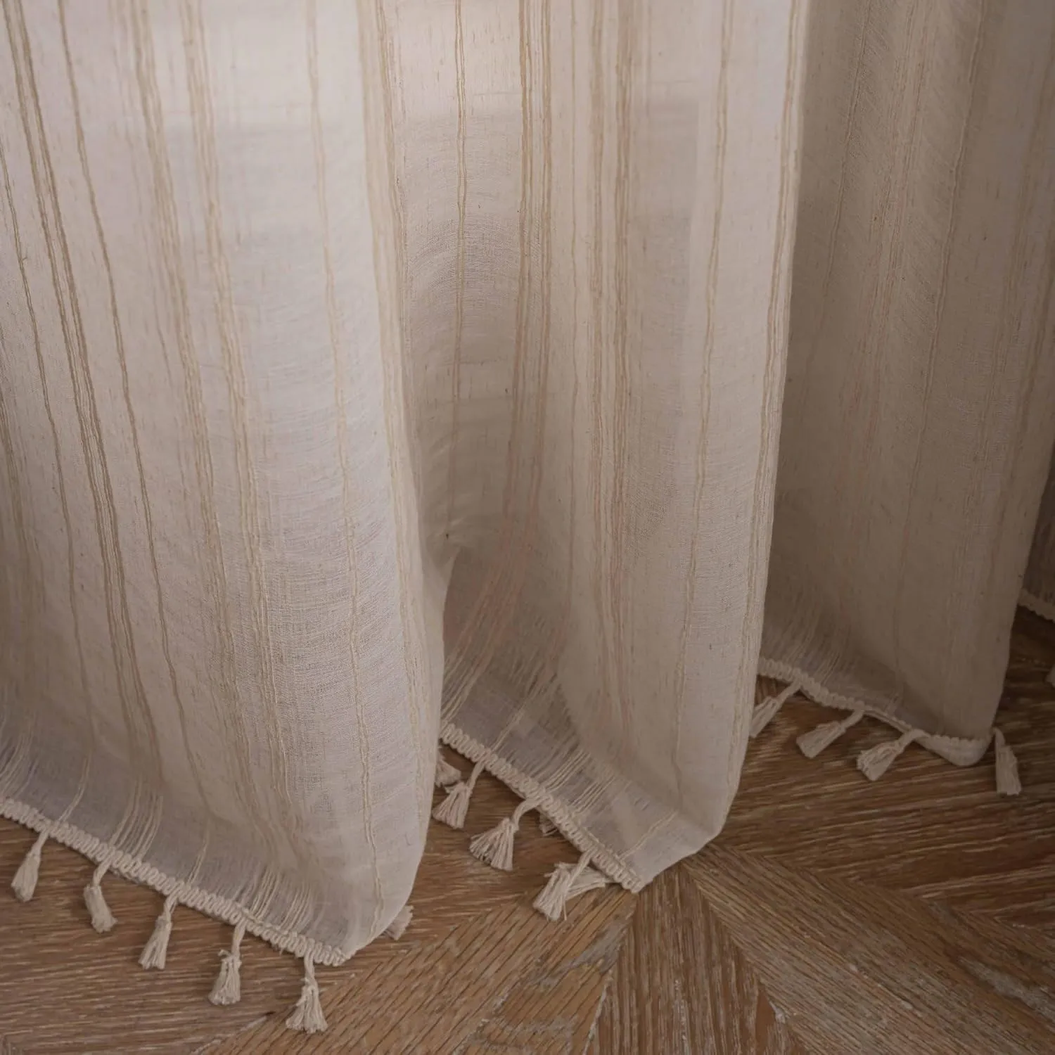 Linen Cafe Curtains 36 inch Length 2 Panel - Striped Pattern Short Drapes,Tassel, Rod Pocket,Sheer,Privacy,Neutral,Antique Window Panels,Living Room,Bedroom,Dining Room,Linen Color