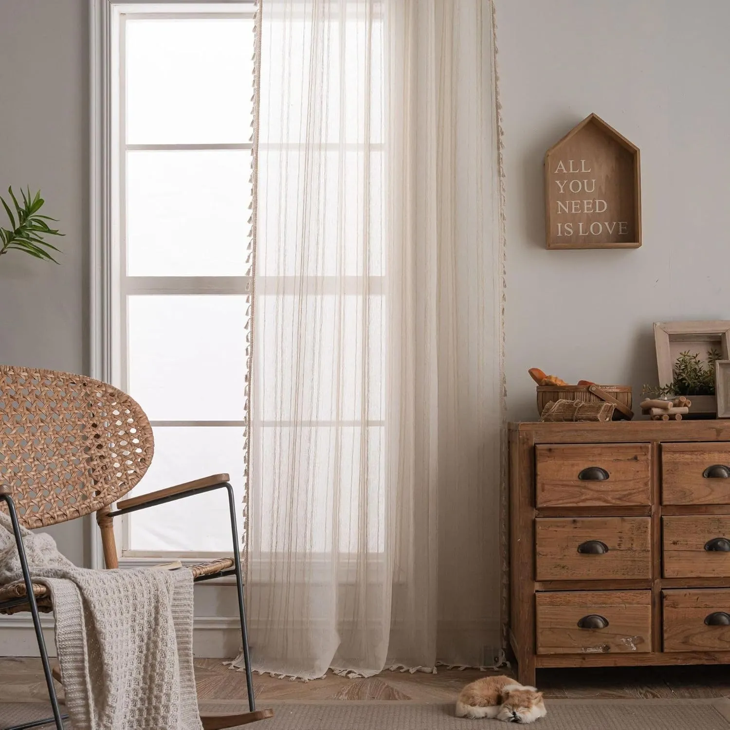 Linen Cafe Curtains 36 inch Length 2 Panel - Striped Pattern Short Drapes,Tassel, Rod Pocket,Sheer,Privacy,Neutral,Antique Window Panels,Living Room,Bedroom,Dining Room,Linen Color