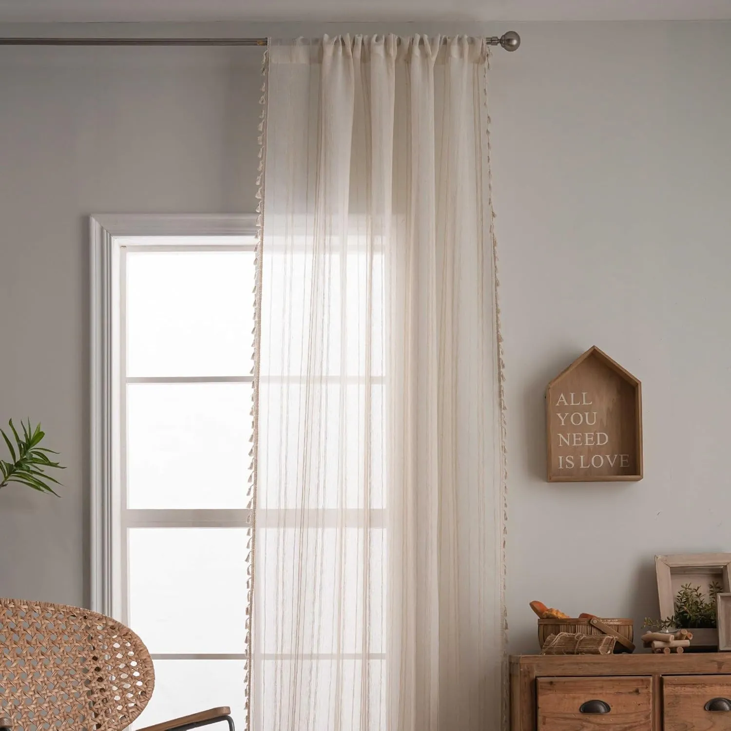 Linen Cafe Curtains 36 inch Length 2 Panel - Striped Pattern Short Drapes,Tassel, Rod Pocket,Sheer,Privacy,Neutral,Antique Window Panels,Living Room,Bedroom,Dining Room,Linen Color