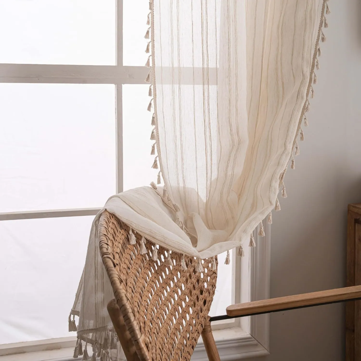 Linen Cafe Curtains 36 inch Length 2 Panel - Striped Pattern Short Drapes,Tassel, Rod Pocket,Sheer,Privacy,Neutral,Antique Window Panels,Living Room,Bedroom,Dining Room,Linen Color