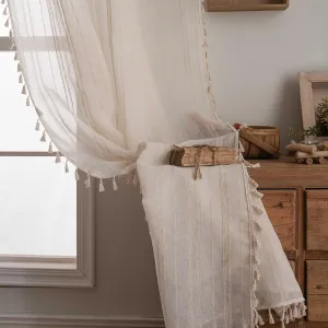 Linen Cafe Curtains 36 inch Length 2 Panel - Striped Pattern Short Drapes,Tassel, Rod Pocket,Sheer,Privacy,Neutral,Antique Window Panels,Living Room,Bedroom,Dining Room,Linen Color